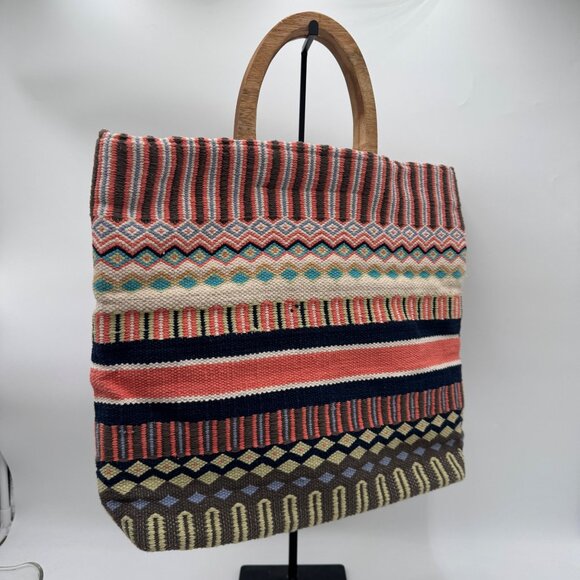 J Jill Multicolored Woven Cotton Tote Bag with Wood Handles Boho bohemian summer - Picture 7 of 15
